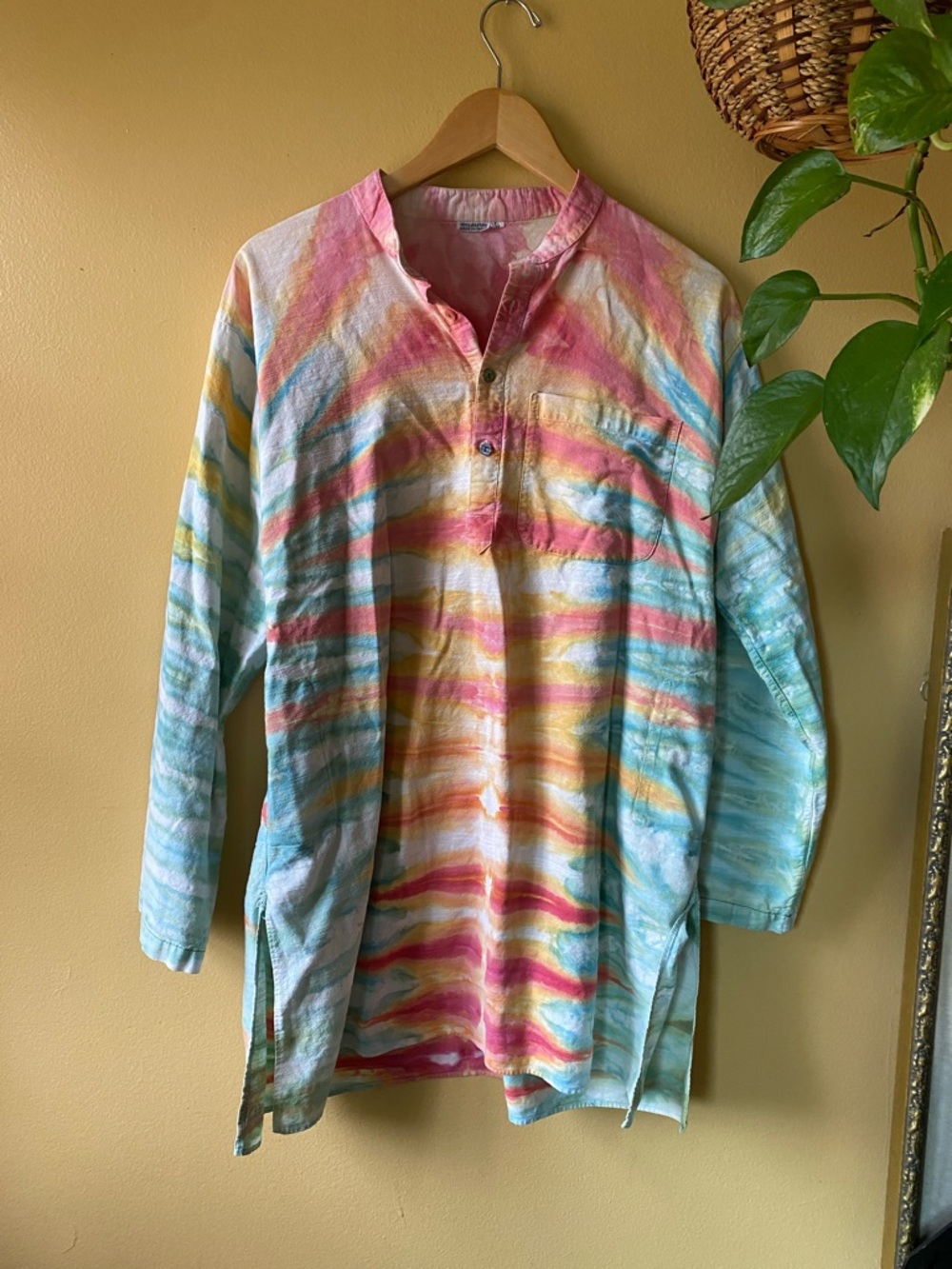 Colorful Rainbow Linen•like tunic Tie-Dye Long Sleeve Tunic Top